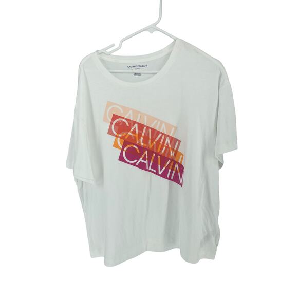 NWT Calvin Klein Jeans White Graphic Short Sleeve T-Shirt Women's Size XL - Picture 1 of 7